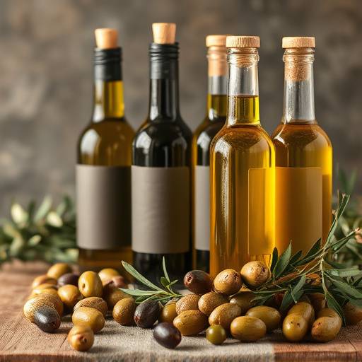 Bottiglie di olio extravergine d'oliva e olive condite