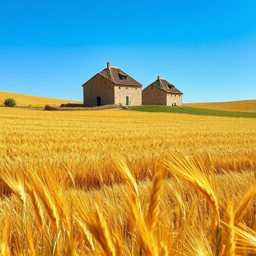 Campi di grano maturo in Puglia con un trullo sullo sfondo