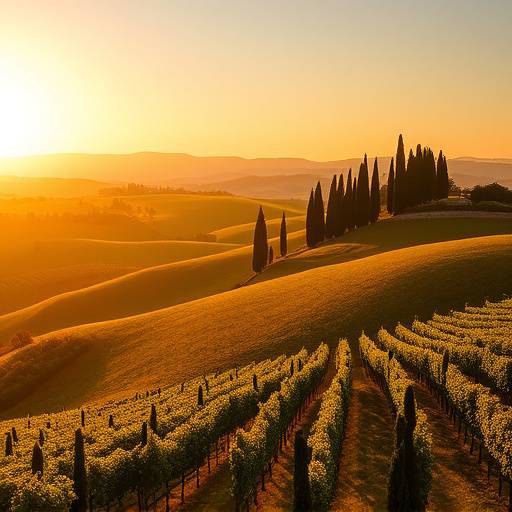 Paesaggio delle colline toscane con cipressi e vigneti