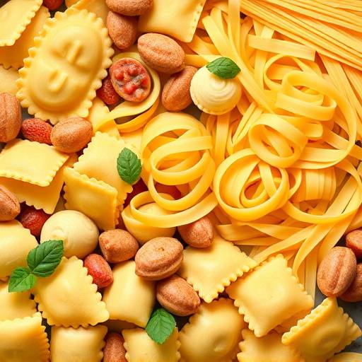 Selezione di pasta fresca artigianale, inclusi ravioli, tagliatelle e tortellini